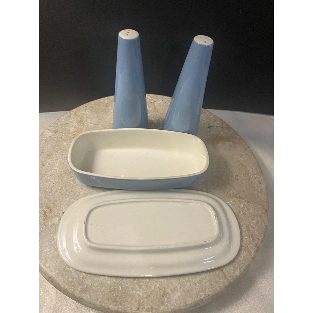1960's Homer Laughlin Orbit Blue Covered Butter Dish W/ Salt And Pepper Shakers